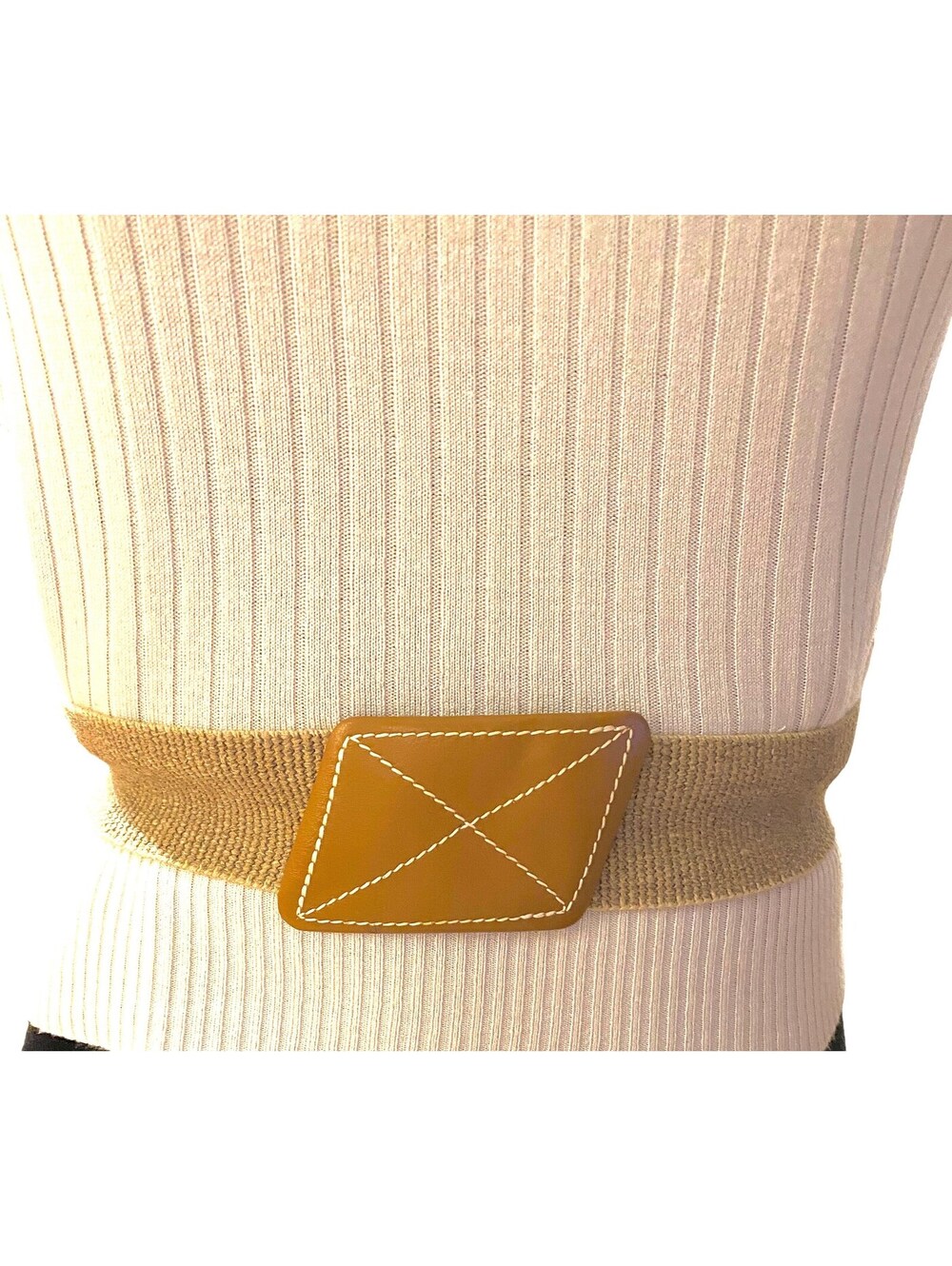 80s Disco Pearl Brand Tan Elastic Stretch Belt Gold Brown Leather Buckle S M